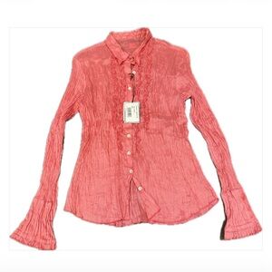 120% Lino Women's Coral Pink Button-Front Ruffled Blouse